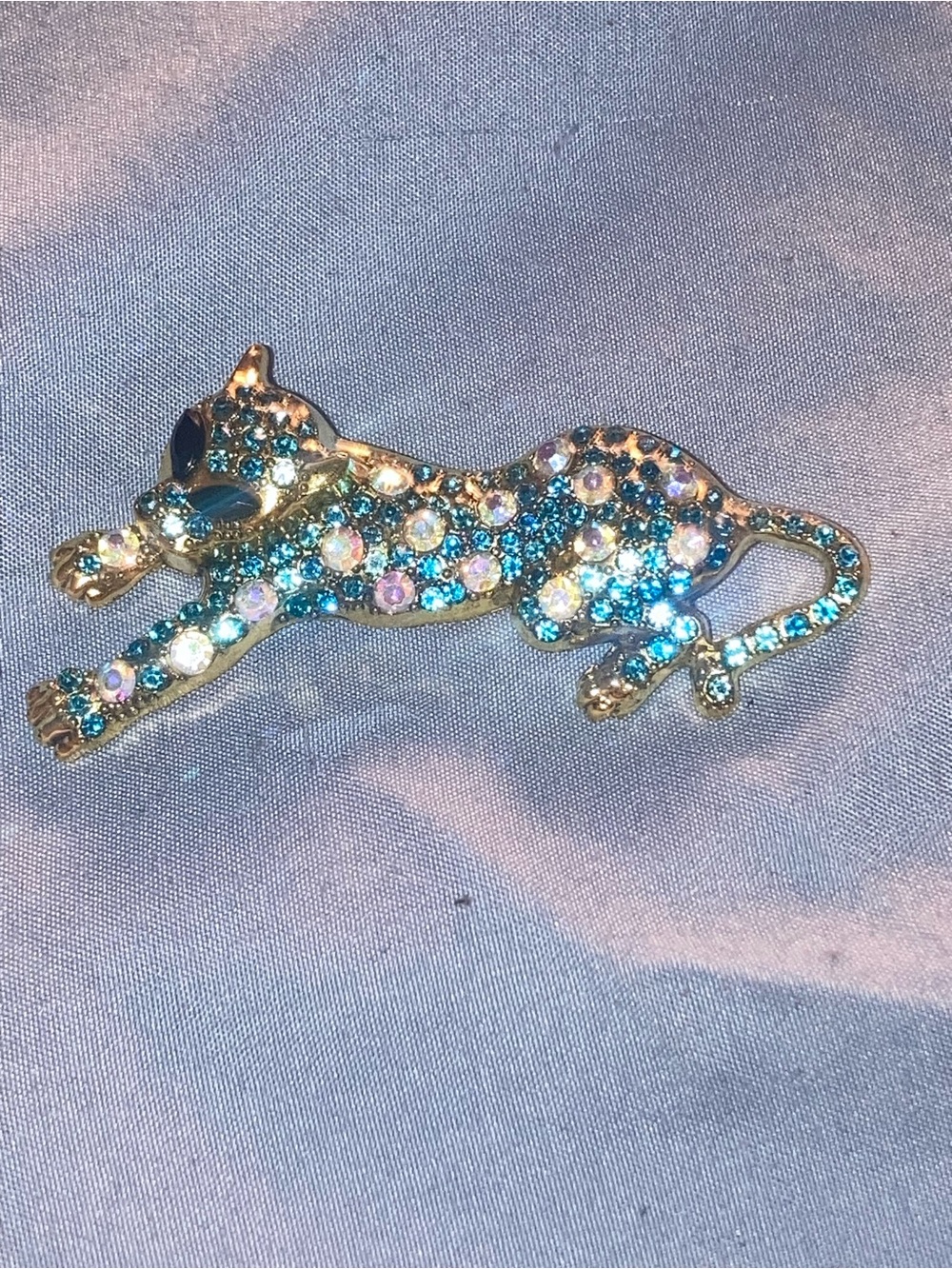 Crystal Cat Brooch Pin - Blue Sparkle Accent